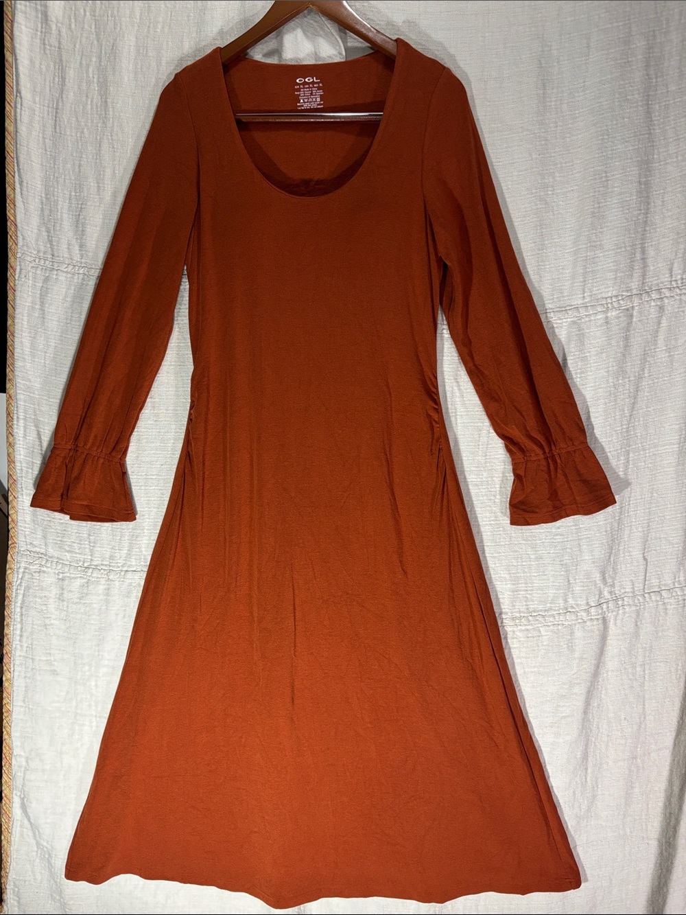OGL Move Terracotta Ruched Built in Bra Midi Dress Ruffle Cuff XL Cotton Blend